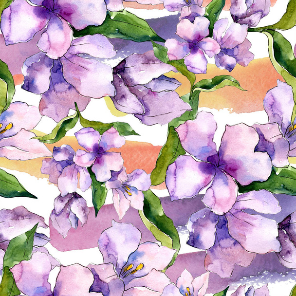 Purple and blue alstroemeria flowers. Seamless background pattern. Fabric wallpaper print texture. Aquarelle wildflower for background, texture, wrapper pattern, frame or border. - Foto, immagini