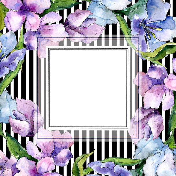 Αλστρομέριες μοβ και μπλε λουλούδια. Πλατεία στολίδι περίγραμμα πλαισίου. Ακουαρέλα wildflower για φόντο, υφή, μοτίβο περιτύλιγμα, πλαίσιο ή στα σύνορα. - Φωτογραφία, εικόνα