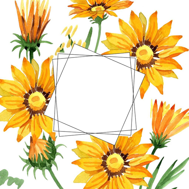 Yellow gazania flowers. Frame border ornament square. Aquarelle wildflower for background, texture, wrapper pattern, frame or border. - Foto, afbeelding