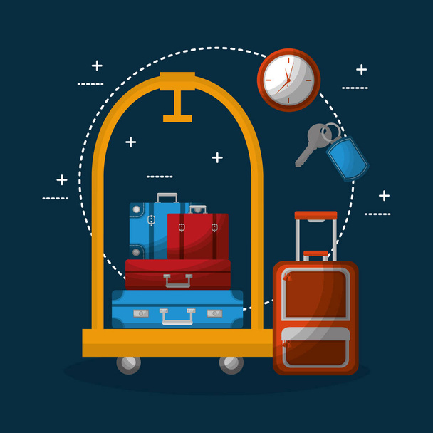 a Hotel poggyász kocsi halmozott bőröndök táska óra - Vektor, kép