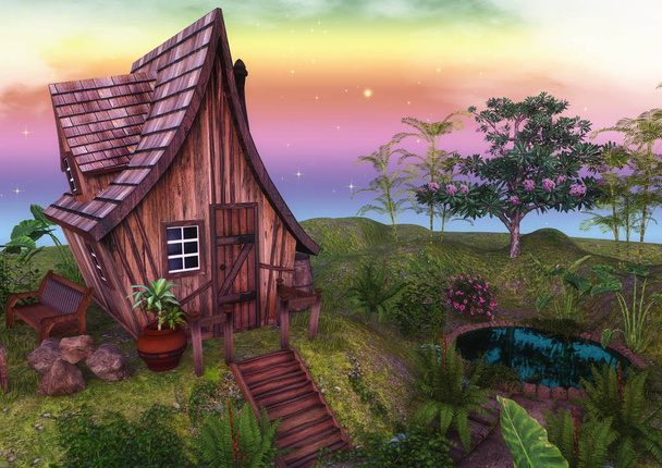 Maison colorée de conte de fées entourée d'arbres et de fleurs
. - Photo, image
