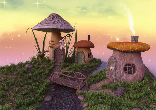 Fairytale paddestoel huizen met een bruggetje. - Foto, afbeelding