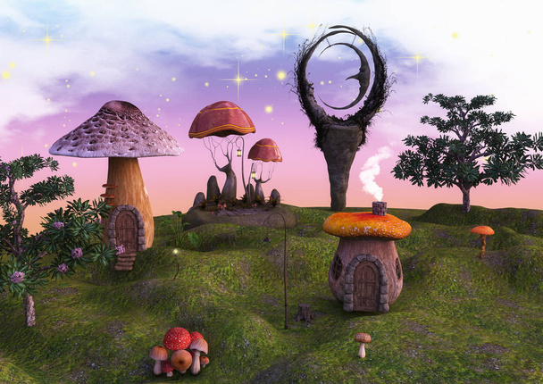 Сказочная страна, полная грибов, фонарей и статуи луны
. - Фото, изображение