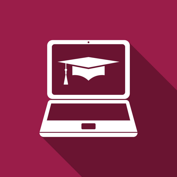 Maturitní čepici a laptop ikona. E-learning nebo ikonu pojem e-learning izolované s dlouhý stín. Plochý design. Vektorové ilustrace - Vektor, obrázek