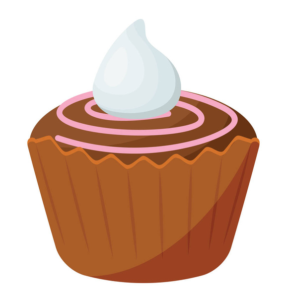 A cupcake filled with pink and brown cream with white essence on the edge, a raspberry chocolate cupcake icon - Vektor, kép