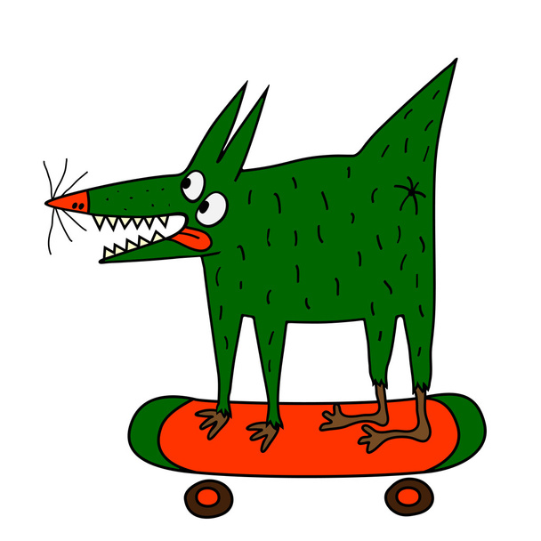 スケート ボードの上に奇妙な緑犬 - ベクター画像