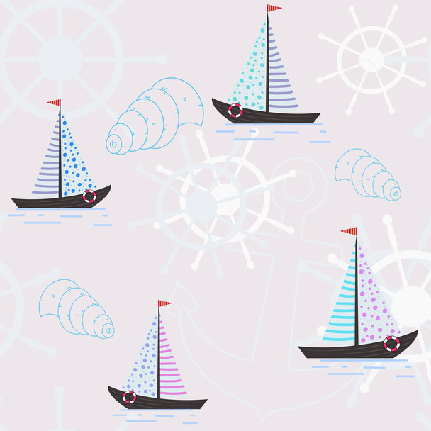 Vector seamless pattern with ships, anchors and seashells. Sea pattern. Design of a substrate on a theme of rest, vacation, the sea. - Vector, Image