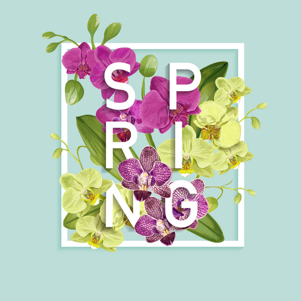 Hello Spring Tropic Design. Tropical Orchid Flowers Background for Poster, Sale Banner, Placard, Flyer. Floral Vintage Composition. Vector illustration - Wektor, obraz
