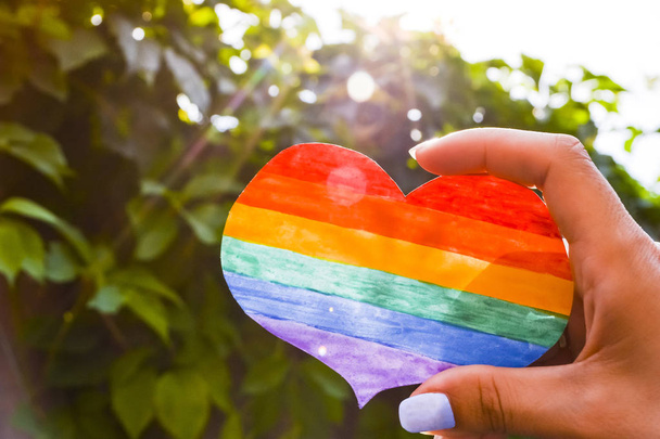 LMBT nap koncepció, kéz tartja a szív, festett, mint egy LMBT zászló - Fotó, kép