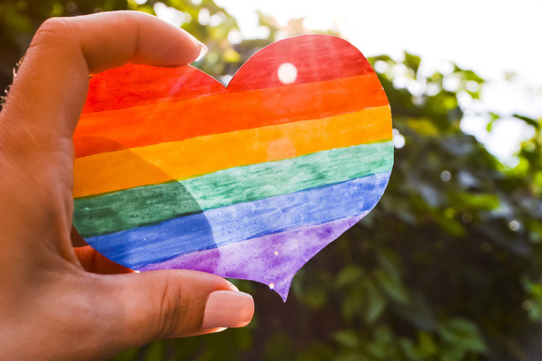 LGBT day concept, hand holds a heart painted like a LGBT flag, silhouetted against sun - Photo, Image