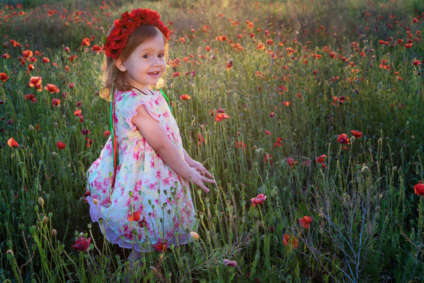 Cute child girl with flower wreath in poppy field - Фото, зображення