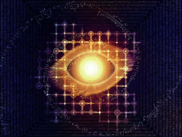 Eye of Knowledge series. Arrangement of eye icon, number formula and light burst on the subject of  science, education and modern technology - Photo, Image