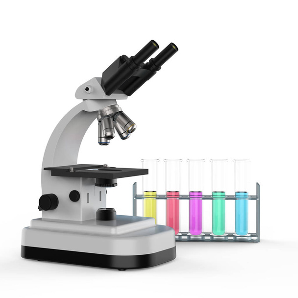 3d rendering microscope or optical instrument with test tubes - Fotoğraf, Görsel