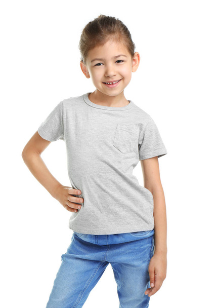 Little girl in t-shirt on white background. Mockup for design - Fotografie, Obrázek