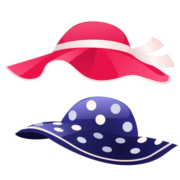 Set of fashion womens summer hat isolated on white background. A set of cartoon attributes of tourist trips and travel. Vector cartoon close-up illustration - Вектор, зображення