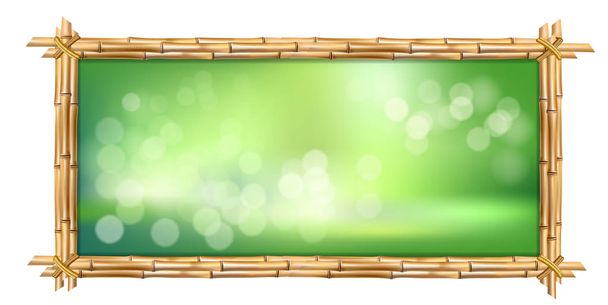 zöld téglalap bambusz sticks-határ test bokeh backgroundrectangle vektoros illusztráció a határ test, zöld blur bokeh háttér belsejében elszigetelt fehér négyzet alakú barna bambusz szára. Absztrakt spa beach koncepció trópusi jelzőtábla az üres pl - Vektor, kép