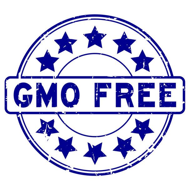 Grunge blue GMO gratis con el icono estrella sello de goma redonda sobre fondo blanco
 - Vector, Imagen