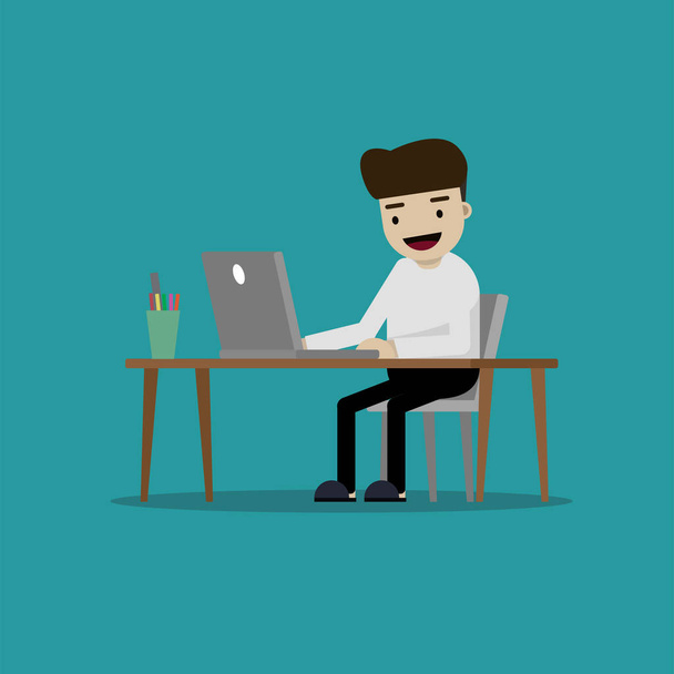 Young Man freelancer working on computer desk and chatting flat character design - Vector, Image