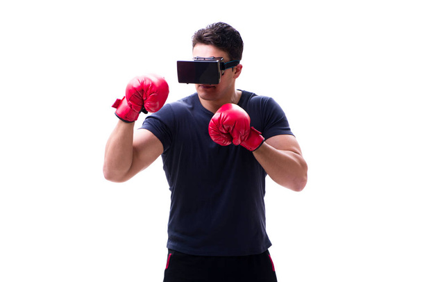 Man playing with virtual reality glasses on white background - Valokuva, kuva