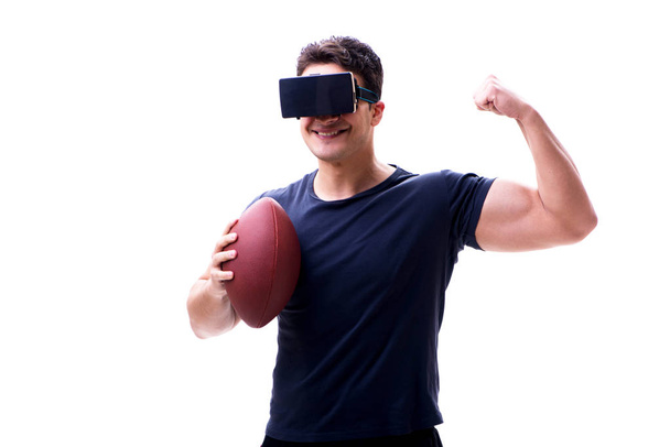 Hombre jugando con gafas de realidad virtual sobre fondo blanco - Foto, imagen