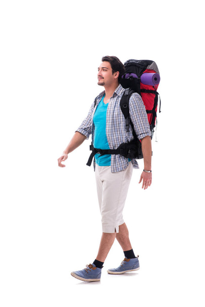 Backpacker with large backpack isolated on white - Photo, image