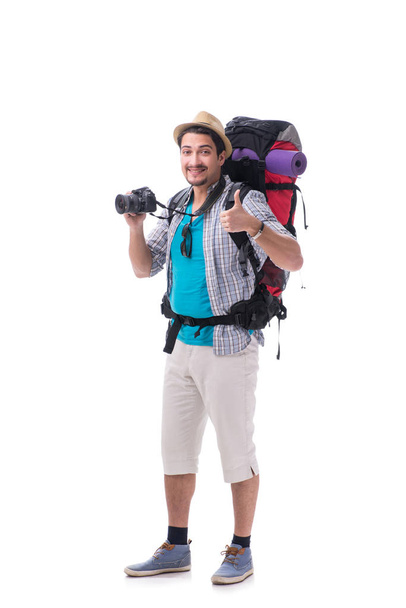 рюкзак з камерою ізольовано на білому тлі
 - Фото, зображення