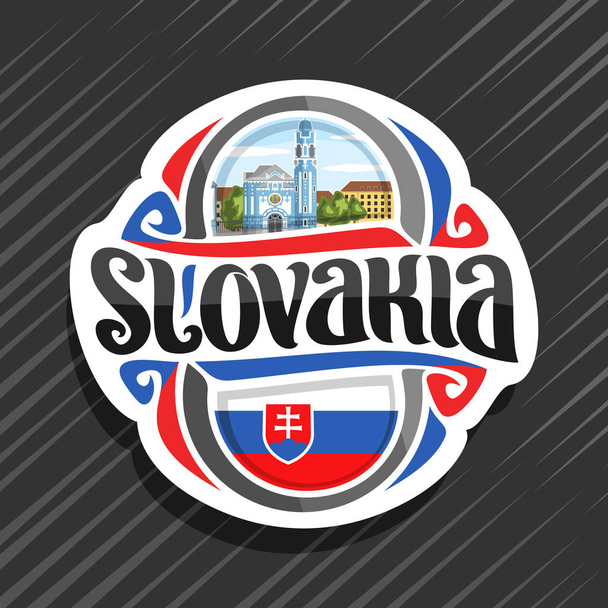 Wektor logo dla kraju Słowacja, magnes na lodówkę z flagą słowacki, pędzla kroju dla Słowacji słowo, symbol Narodowy słowacki - niebieski Kościół St. Elizabeth w Bratysławie na tle pochmurnego nieba. - Wektor, obraz