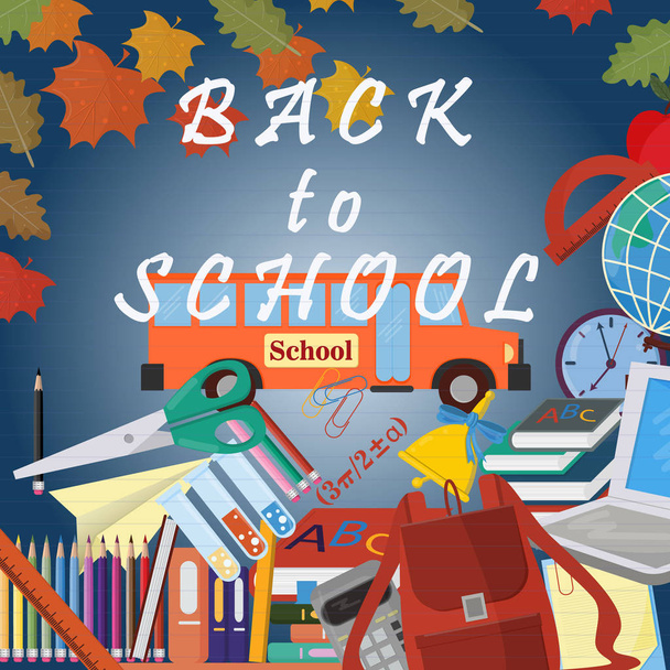 Векторна ілюстрація шкільного дизайну шкільних предметів глобус, рюкзак, лінійка, книги, олівці, предмети, готові розкладки тренувального фону ізольовані
 - Вектор, зображення