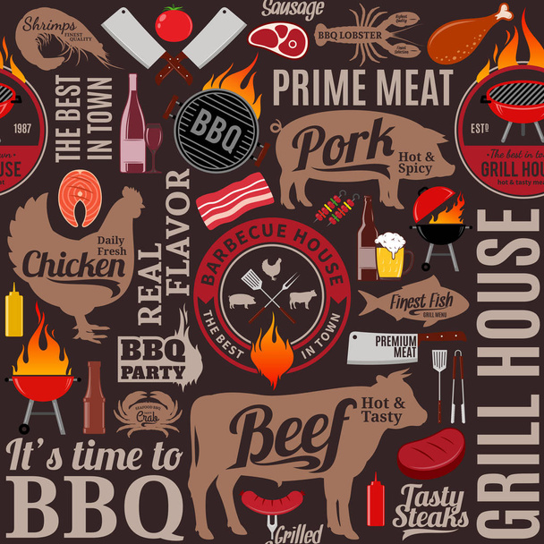 Vector barbecue seamless pattern or background. BBQ, meat, vegetables, beer and equipment icons for cafe, bar and restaurant menu, branding and identity. - Vector, Image