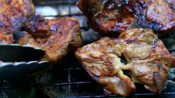 クローズ アップ バーベキューで新鮮な肉を焼く - 映像、動画