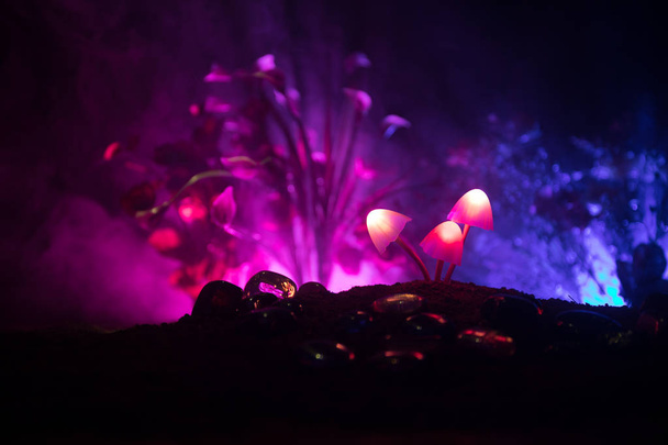 Fantasy trzy świecące grzyby w tajemnicy ciemnego lasu zbliżenie. Piękny Makro pchnięciu grzybka lub trzy dusze utracone w lesie avatar. Lampiony na tle z mgły. Selektywny fokus - Zdjęcie, obraz