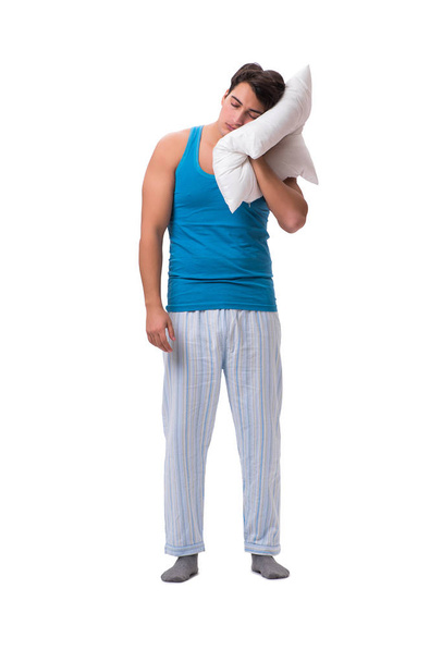 Человек просыпается с будильником, изолированным на белом - Фото, изображение