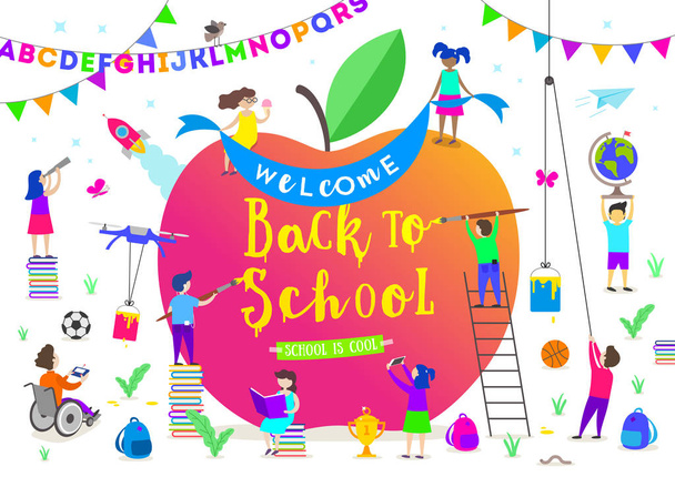 Back to school vector illustration. Group of active children around a giant apple. Children characters doing different activities liking painting, studying, reading and explore. - Vector, Imagen