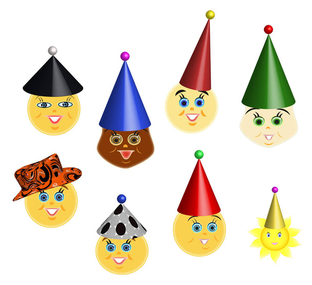 El conjunto de los divertidos dibujos animados celebrando el emoticono en gorras de papel y sombreros. Aislado
. - Foto, Imagen