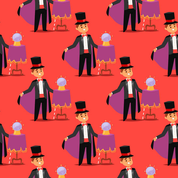 Zauberer Predigdigdigator Illusionist Vektor Charakter Tricks Jongleur Vektor Illustration Magie Zauberer Show Cartoon Mann - Vektor, Bild