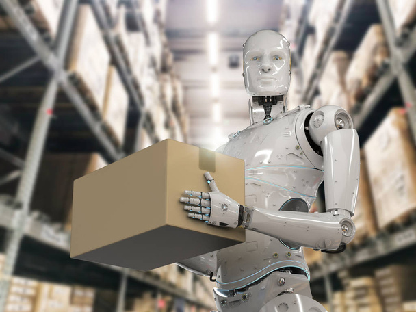 3D rendering humanoïde robots voeren kartonnen boxe in magazijn - Foto, afbeelding