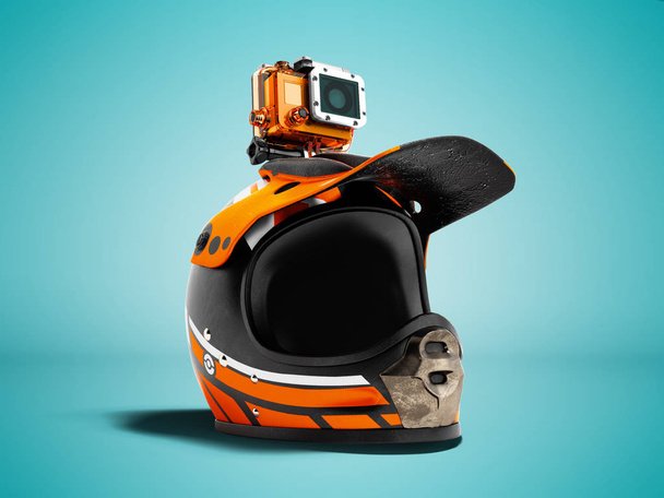 影青の背景にオレンジ色のアクション カメラ 3 d レンダリングなモダンなオレンジ オートバイ ヘルメット - 写真・画像