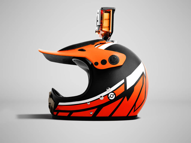 Moderní oranžové motocyklové helmy s fotoaparátem oranžová akce vlevo 3d vykreslení na šedém pozadí se stínem - Fotografie, Obrázek