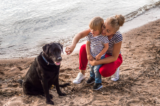 Mom and son are playing with a dog. concept dog friend man - Fotoğraf, Görsel