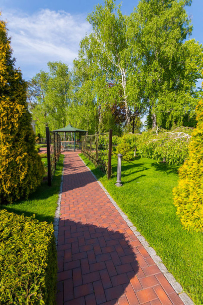 Alley with green trees on the sides, leading to a decorative iron gazebo - Фото, изображение