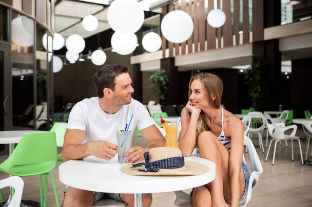 Beloved couple having date in cafe - Zdjęcie, obraz