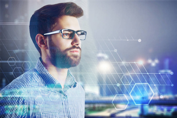 double exposure of hipster with glasses and checkered shirt at night city background and abstract technology illustration - Photo, Image
