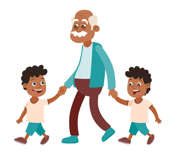 Abuelo con sus nietos caminando. Dos chicos, gemelos. Los toma de la mano. Estilo de dibujos animados, aislado sobre fondo blanco. Ilustración vectorial
. - Vector, imagen