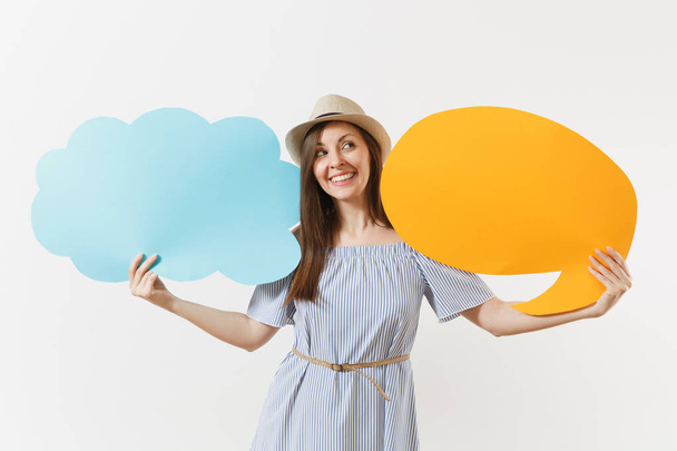 Young tender elegant charming woman in blue dress, hat with empty blank Say cloud, speech bubble isolated on white background. People sincere emotions, lifestyle concept. Advertising area. Copy space - Fotoğraf, Görsel