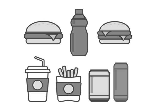 Icone del cibo. Snack e bevande fast food. Hamburger e sandwich icone vettoriali - Vettoriali, immagini