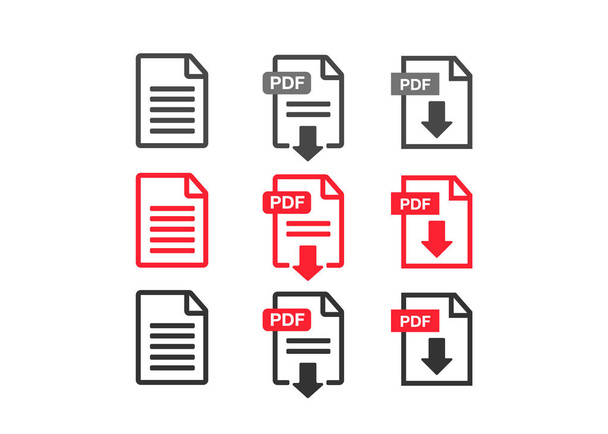 PDFファイルのダウンロードアイコン。ドキュメントテキスト、シンボルWeb形式情報。ドキュメントアイコンセット - ベクター画像