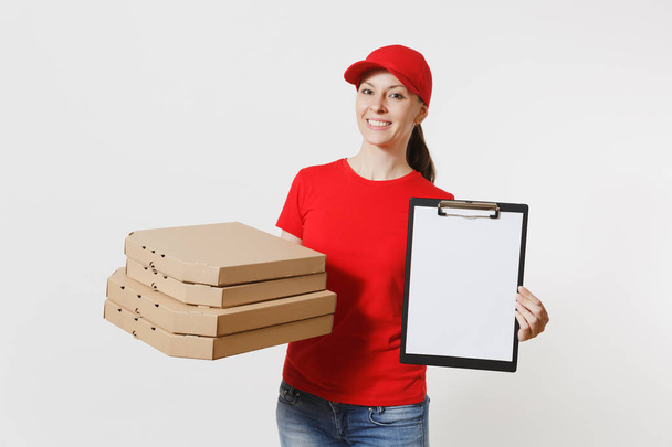Delivery woman in red cap, t-shirt giving food order italian pizza in cardboard flatbox boxes isolated on white background. Female courier holding clipboard with papers document, blank empty sheet - Photo, Image