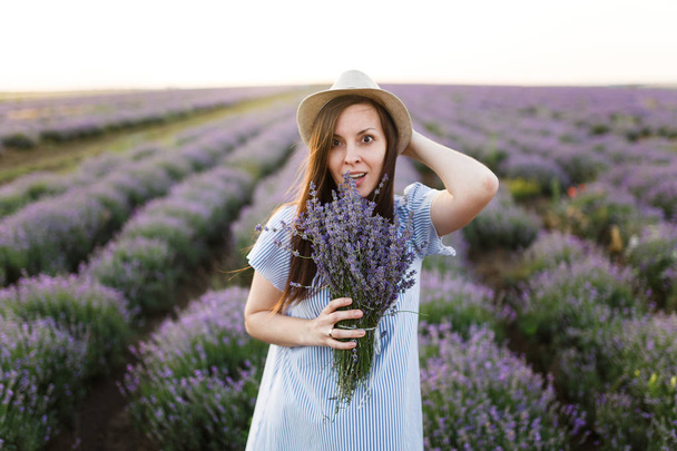 Young sensual beautiful woman in blue dress, hat on purple lavender flower blossom meadow field outdoors on summer nature background. Tender female near flowering bush with bouquet. Lifestyle concept - Photo, Image