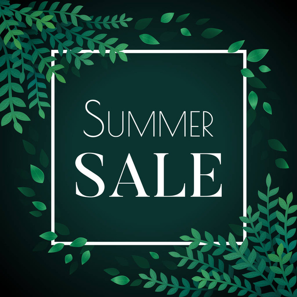 Summer sale flyer, web, greeting card, poster, banner template. White square frame and green leaves on a dark background. Eco design. - Vector, imagen