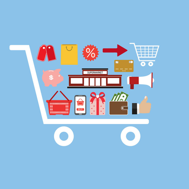 shopping basket with supermarket products on a blue background - Vector, Image